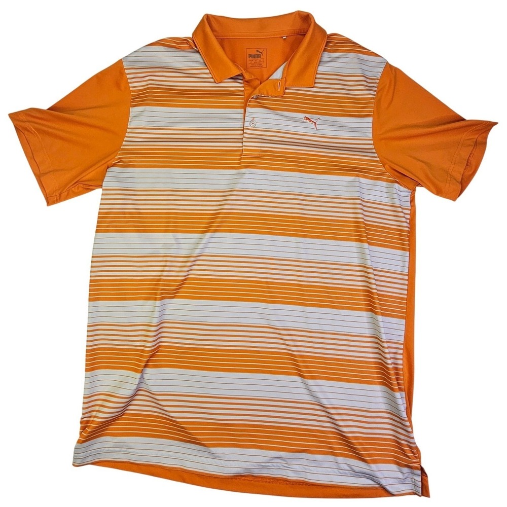 Puma Mens Dry Cell Striped Golf Polo Shirt Orange White Large Short Sleeve